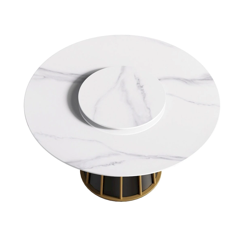 53 White Sintered Stone Round Dining Table with Lazy Susan - N/A