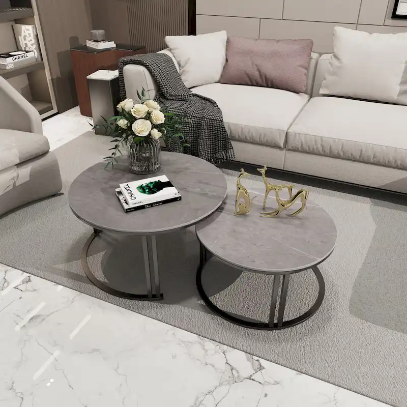 Round Sofa Nesting Coffee Table Sintered Stone Set of 2
