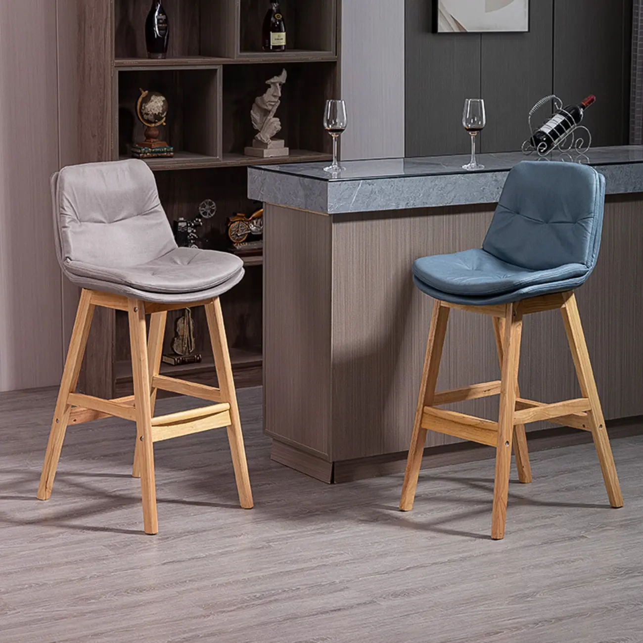 Scandinavian Wood Frame Leather Ergonomic Bucket Bar Stool