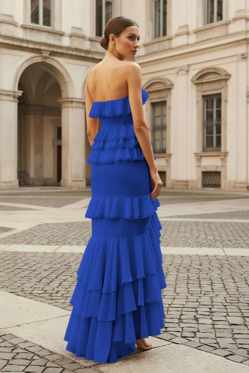 Pink Strapless Sheath Chiffon Ruffled Long Prom Dresses