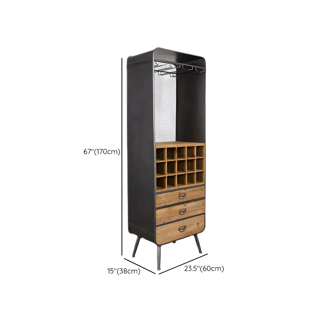 Industrial Brown Wood Wine Rack with Glass Holder and Drawers