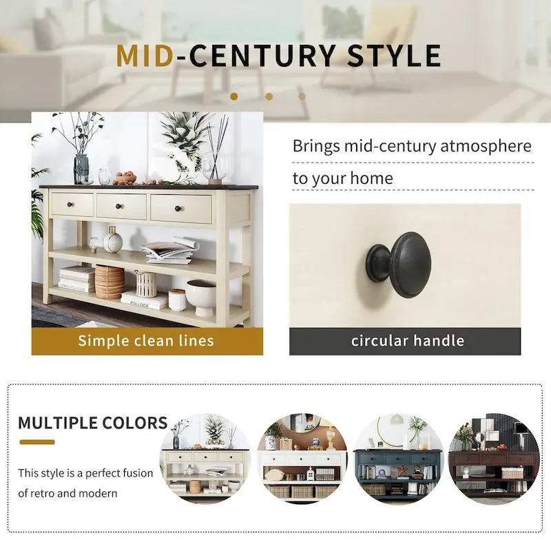 Pine Solid Wood Console Table with Two Open Shelves