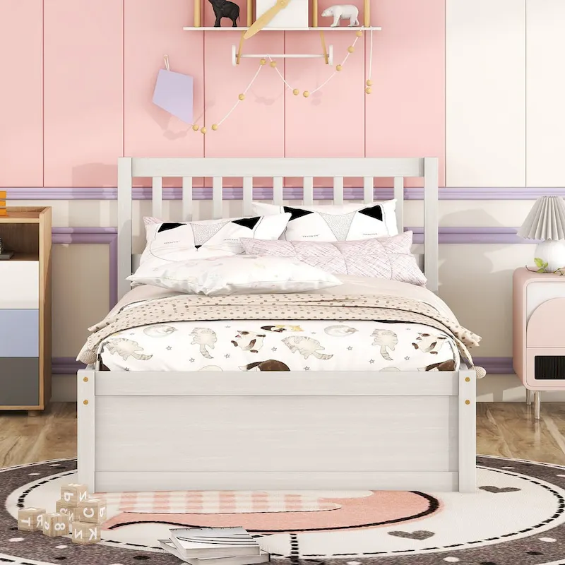 White Twin Platform Bed in Walnut Wood with Trundle and Fence Headboard - Modern Space-Saving Design