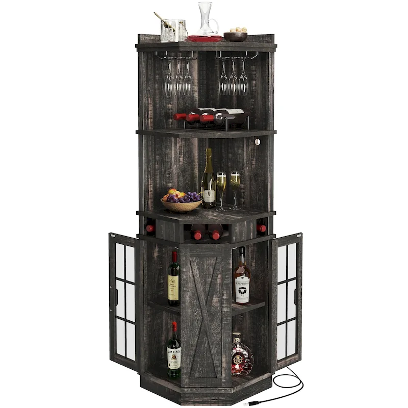 72 Tall Farmhouse Corner Bar Cabinet with Glass Door & LED Lights