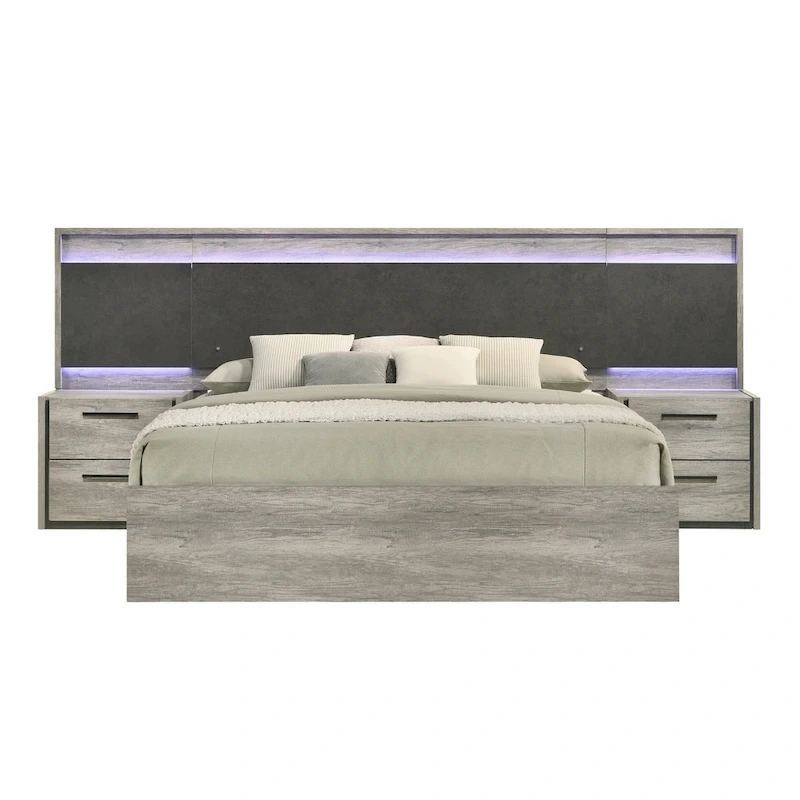 Roundhill Furniture Lenca LED Wallbed with Nightstands - Weathered Gray