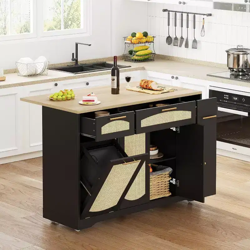 Rattan Rolling Kitchen Cart with Drop Leaf & Hidden Trash Bin. 53 Wide Island with Storage Doors, Drawers & Spice Rack, Saves Space.