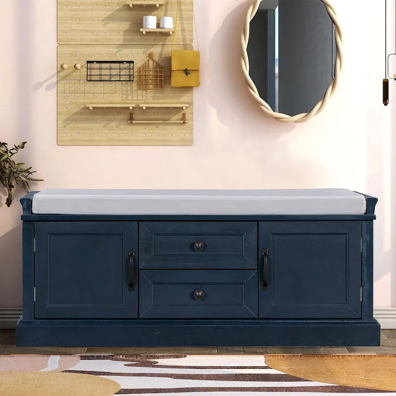 Vintage Chic Wooden Storage Bench with Removable Foam-Filled Velvet Seat Cushion