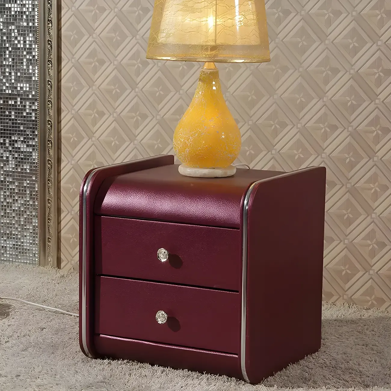 Luxurious Glossy Leather Wooden 2 Drawer Black Nightstand