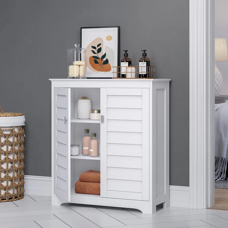 Two-Door Floor Bathroom and Laundry Storage Cabinet and Organizer with Adjustable Shelves - White