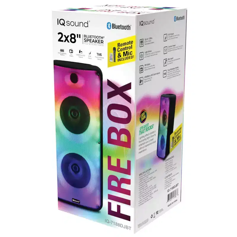 IQ Sound FIRE BOX Dual 8-In. Bluetooth Portable Party System, True Wireless, with FM Radio, Lights, Microphone, and Remote, IQ-7188DJBT