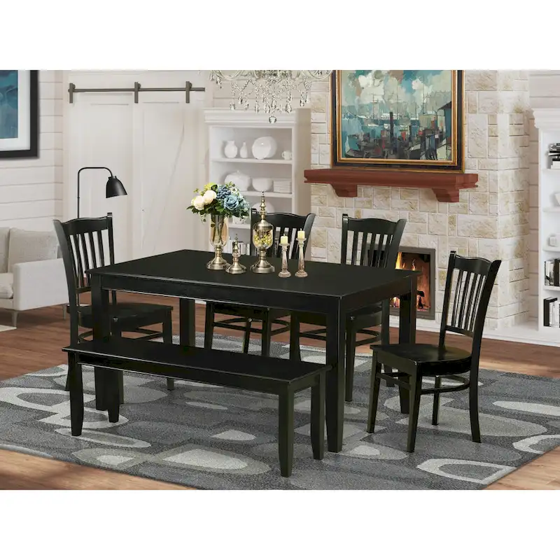 6-Piece Dining Table Set, Rectangle Table, 4 Chairs and Bench, Black