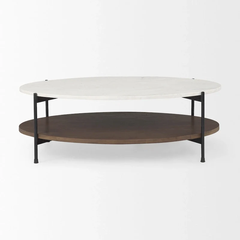 Larkin White Marble Top w/ Dark Brown Wood Shelf Oval Coffee Table