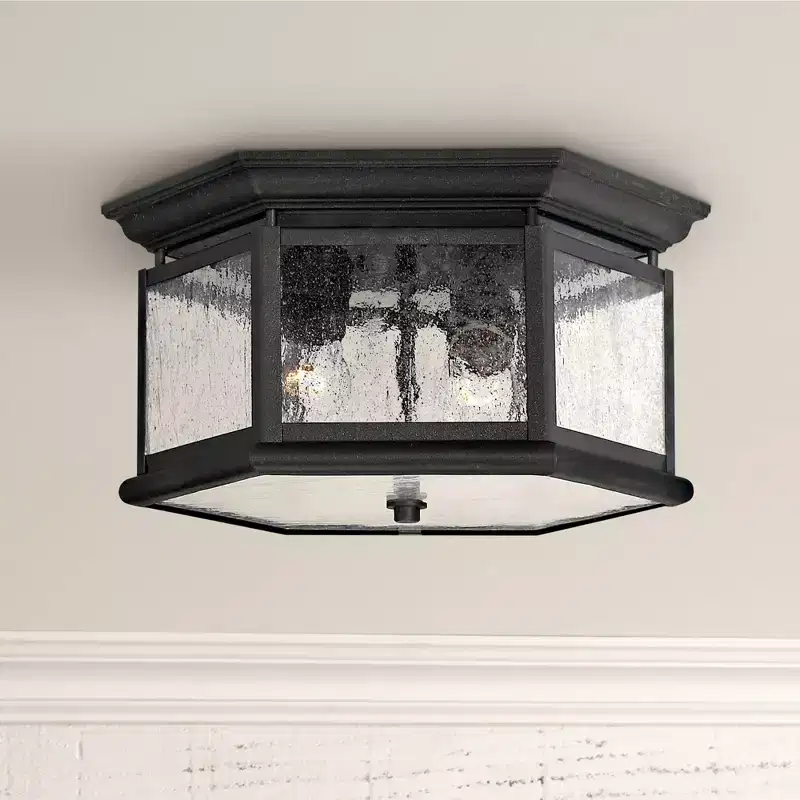 Hinkley Edgewater 13 Wide Black and Water Glass Outdoor Ceiling Light