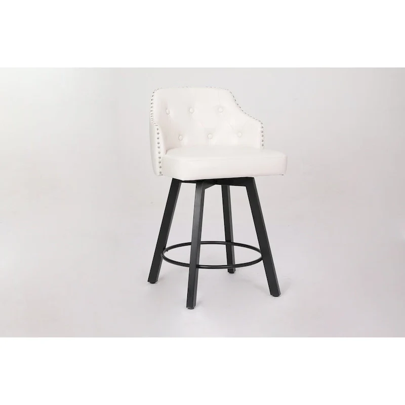 Vintage Set of 2 Swivel Bar Stools with Button-Tufted Backrest, Nailhead Trim, Metal Legs for Kitchen Island Dining Room Bar