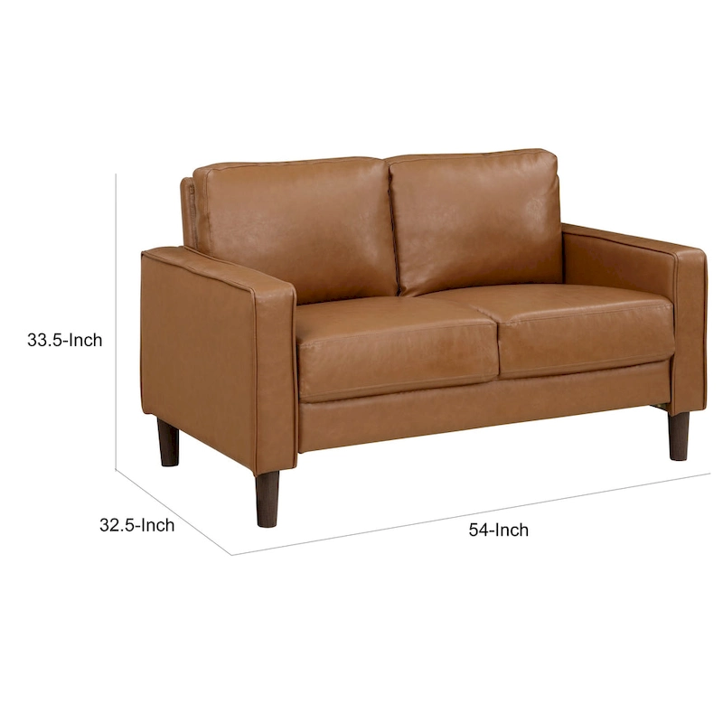 Stark 54 Inch Loveseat, Brown Faux Leather, Track Style Arms, Solid Wood