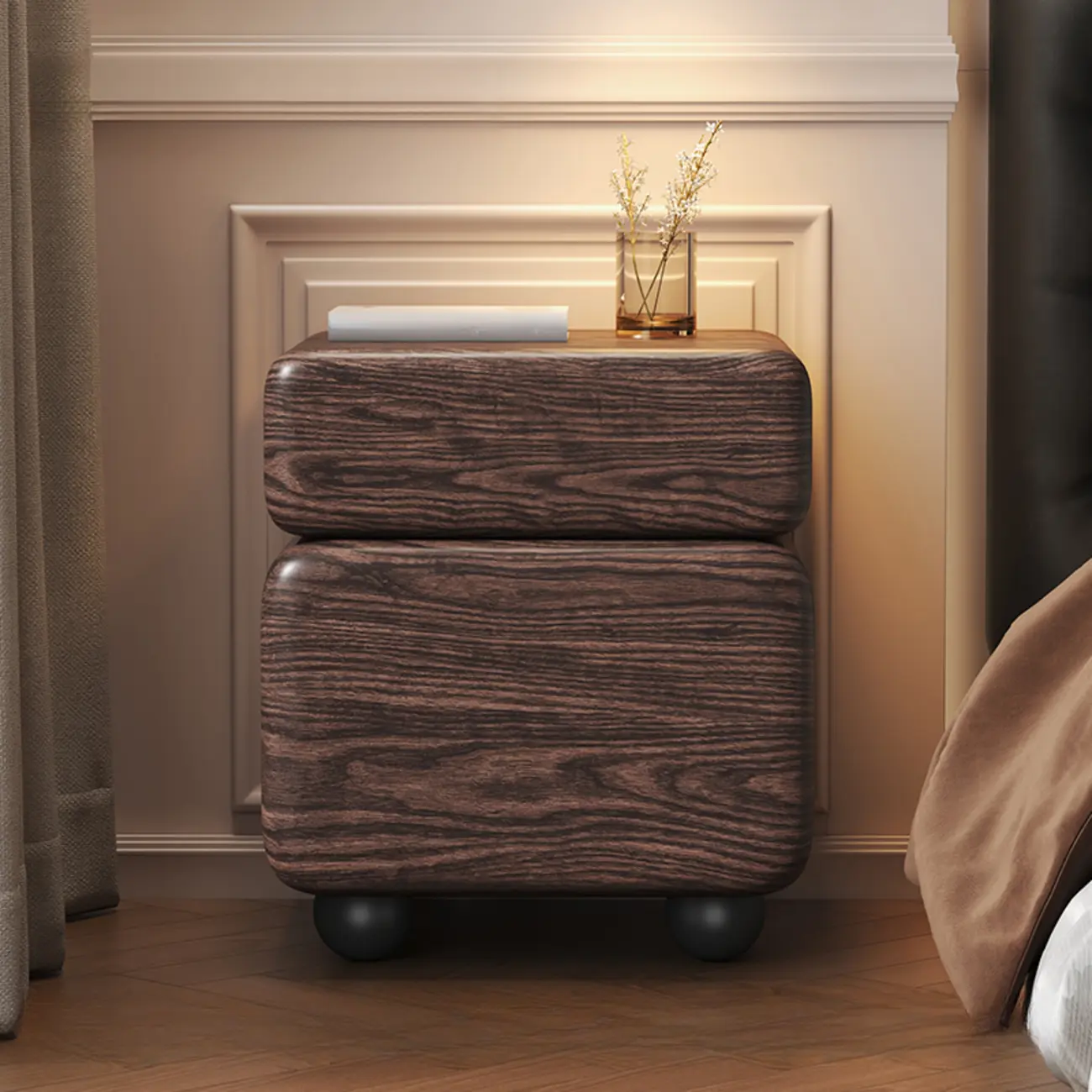 Black Walnut Finish Faux Leather 2-Drawer Nightstand