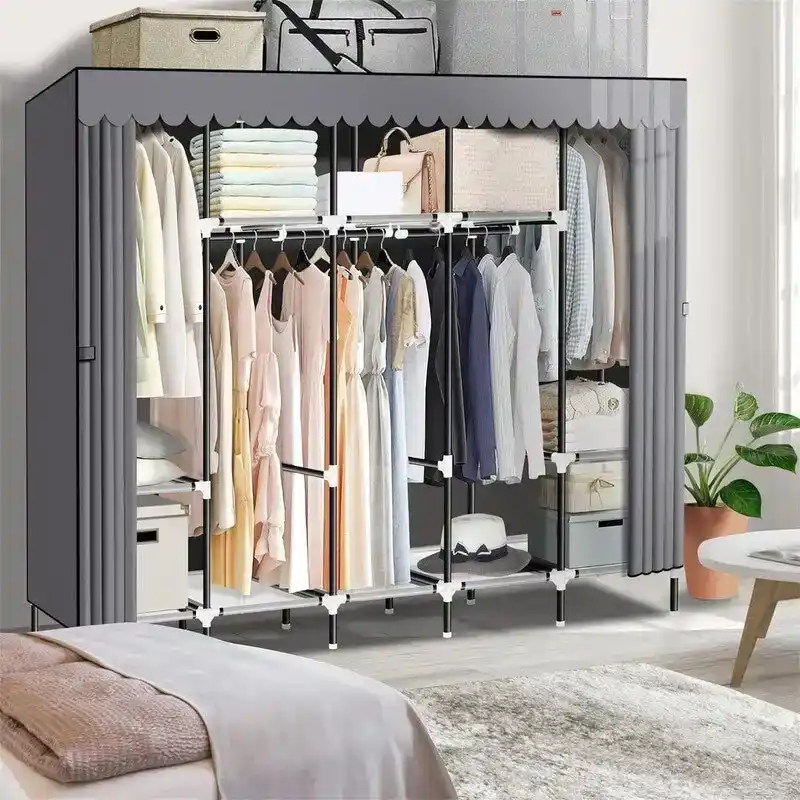 Black/Grey Portable Wardrobe Closet with Hanging Rods and Shelves