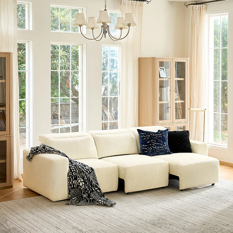 Chenille Power Reclining Sofa with 3 Independent Electric Recliners, Adjustable Headrests & Extendable Seat Depth | Ivory / Grey | 3-Seat