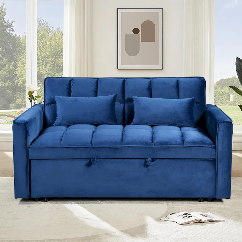 Modern Velvet Loveseat Futon Sofa Couch Pullout Bed, Small Love Seat Lounge Sofa w/Reclining Backrest, Toss Pillows, Pockets