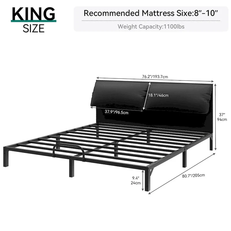 Moasis Metal Bed Frame Folding Upholstered Bed Frame with Faux Leather Headboard Two Pillows