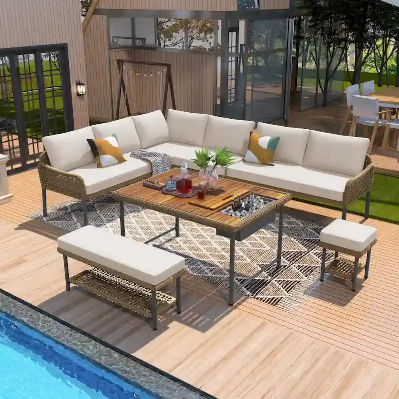 L-shape Outdoor Sectional Sofa Set 6-Piece Rope Patio Furniture Couch with Storage Coffee Table, Stools and Bench