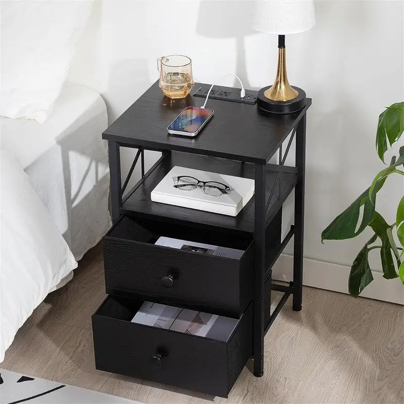 Nightstand with Charging Station and Fabric Drawers