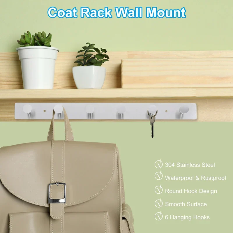 Coat Rack Wall Mount, Metal Round Wall Hooks Rail with 4 / 6 Hooks