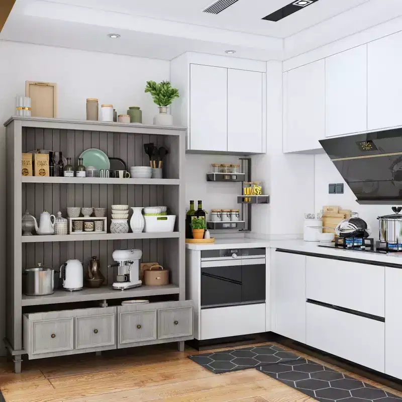 Famapy Retro Gray Kitchen Pantry Cabinet with 3 Open Shelves and 4 Drawers,Sideboard Buffet Table,Kitchen & Dining Storage Organizer