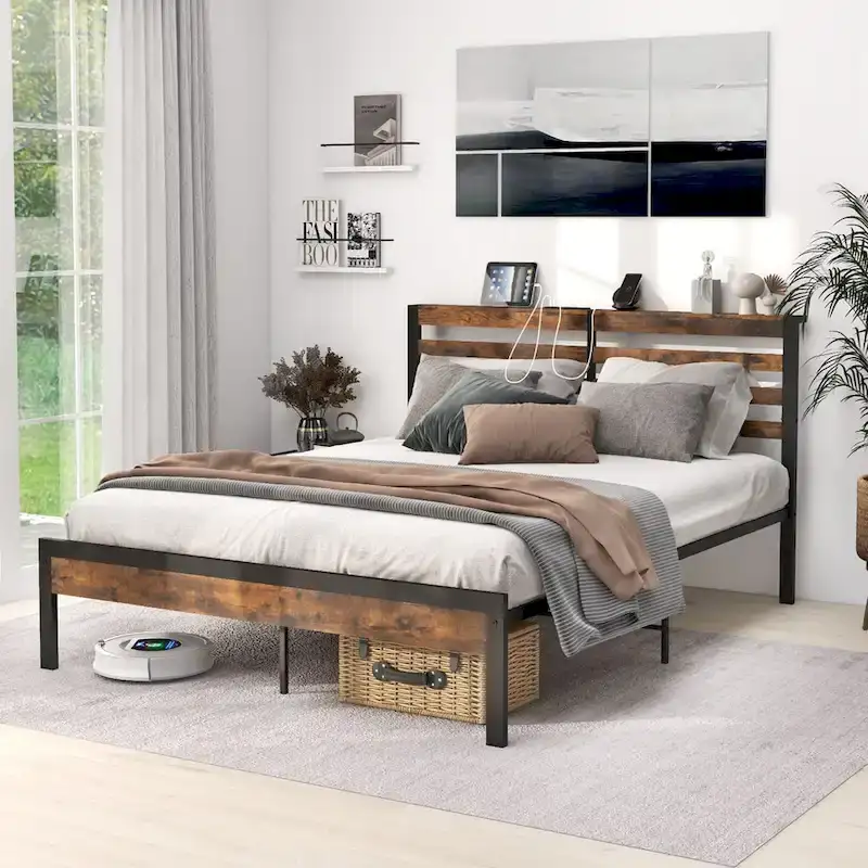Industrial Metal Bed Frame Charging Station Mattress Foundation