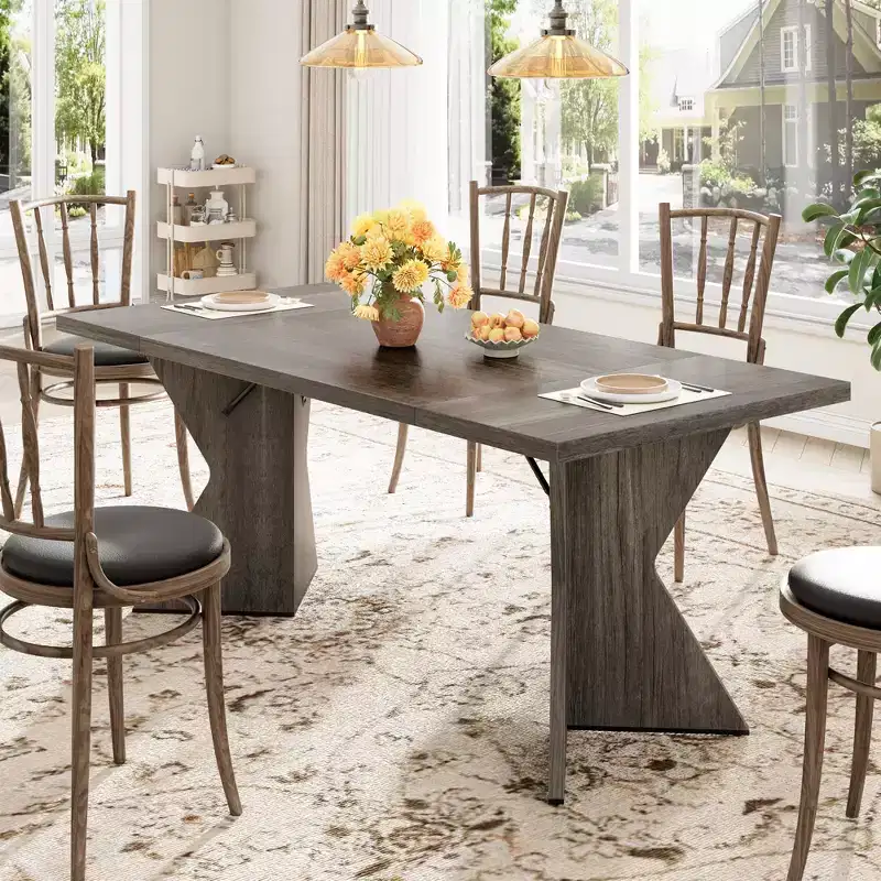 70.9'' Dining Table for 6, Farmhouse Rectangular Kichen Table with Sturdy Frame and V Leg, Wooden Thickened Long Desk and Dinner Desk
