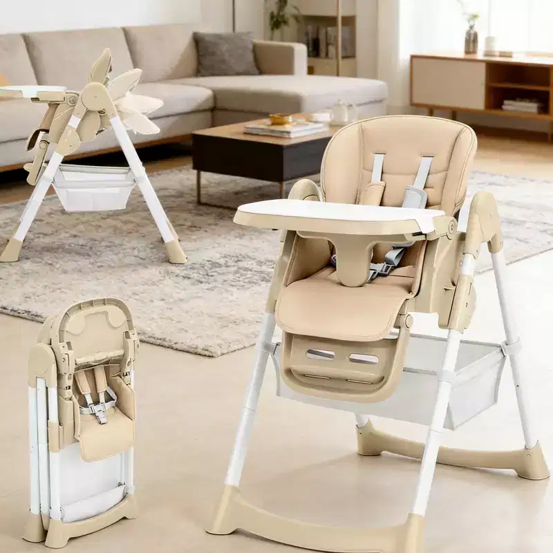 Foldable Baby High Chair, Adjustable Toddler Chair with Removable Tray, 5-Point Harness & Locking Wheels for Dining Feeding Play