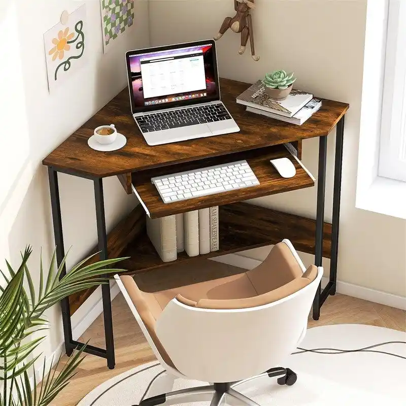 Triangle Corner Desk with Power Outlets - Rustic Brown