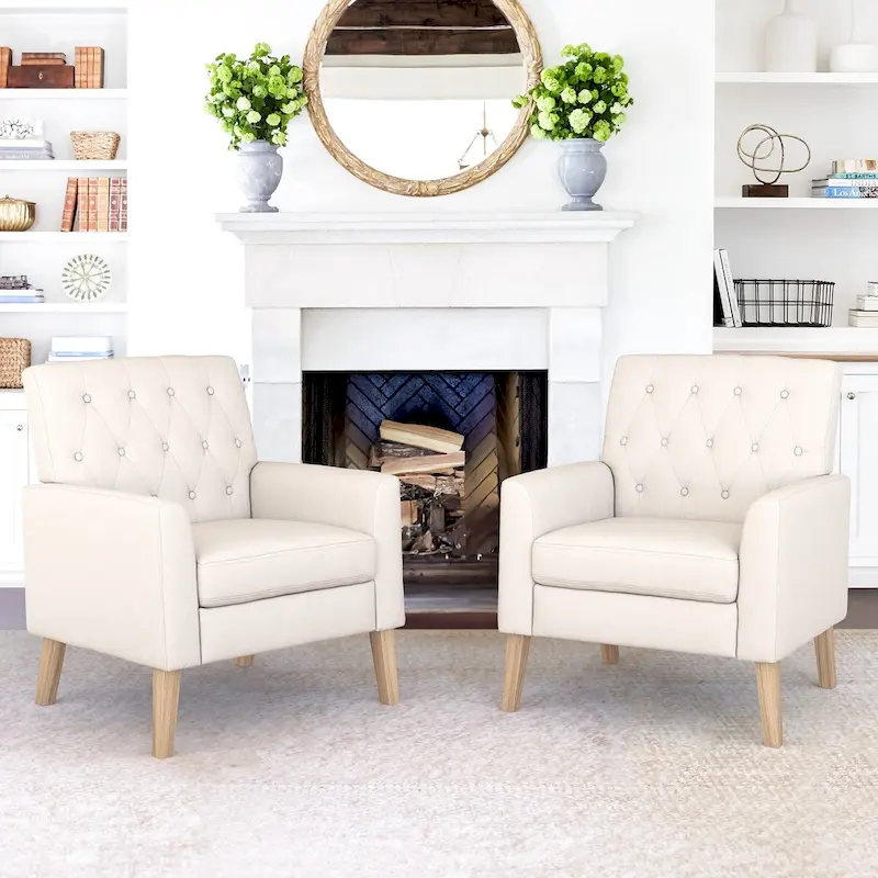 Mid-Century Modern Upholstered Linen Fabric Button Tufted Accent Chair of 2 - 28.5 W X 27.25 D X 33.75 H