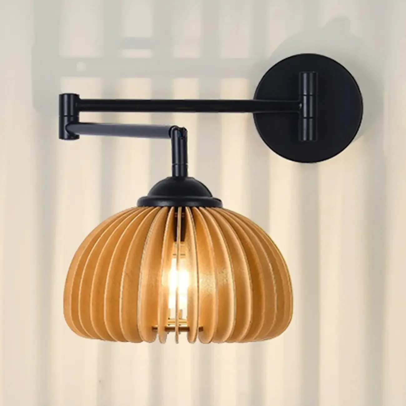 18 Small Bedside Swing Arm Wall Light with Wooden Shade