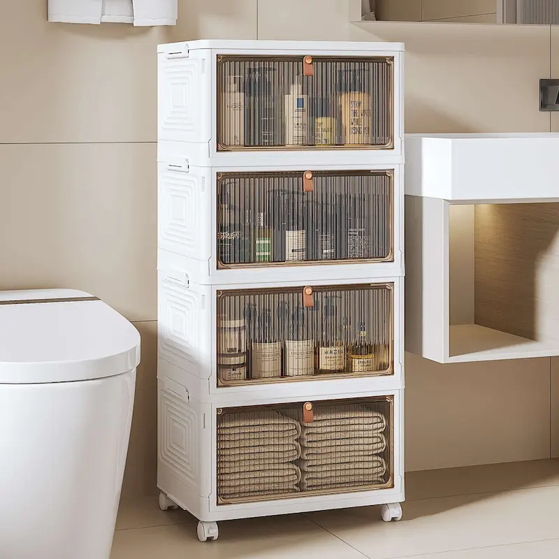 Javlergo 4 Tier Bathroom Storage Cabinet Storage Bins with Lid Stackable Storage Boxes Foldable Storage Organizers