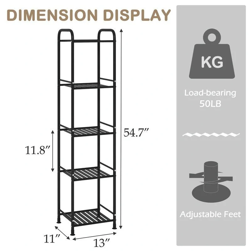 Black / White 5-Tier Narrow Metal Shelving Unit – Single