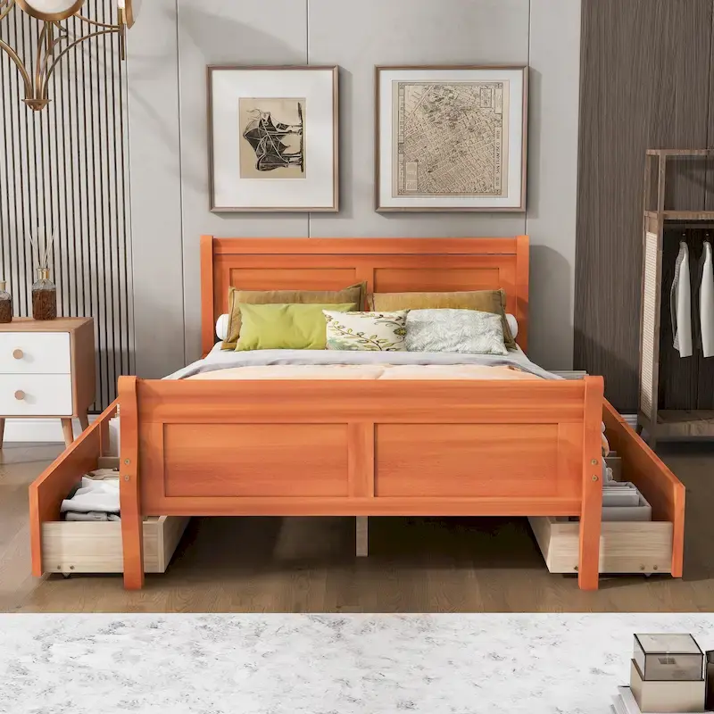 Full Size Wood Platform Bed with 4 Drawers and Streamlined Headboard