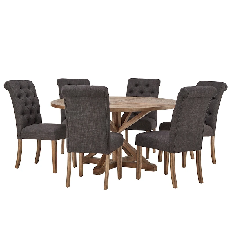 Benchwright Rustic X-base Round Pine Wood Rolled Back 7-piece Dining Set by iNSPIRE Q Artisan