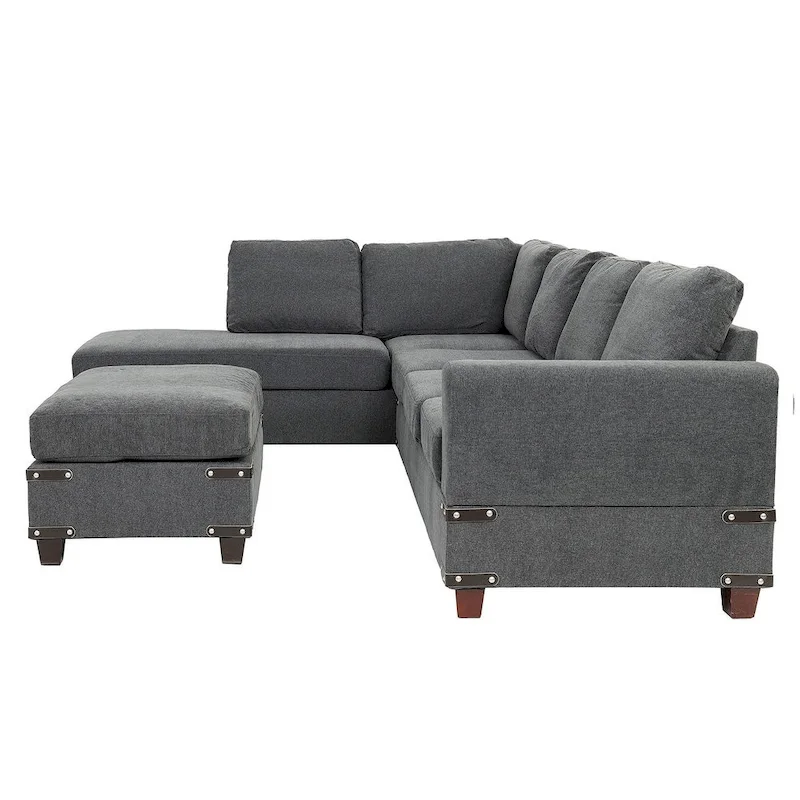 Poundex 3 Piece Fabric Sectional Sofa Set with Ottoman