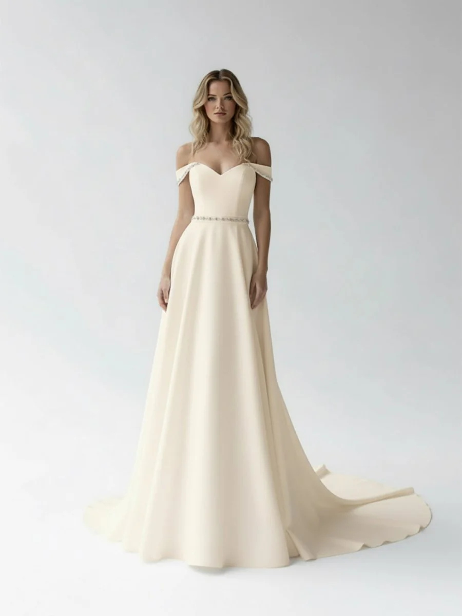 A-Line Off the Shoulder Beaded Wedding Dress