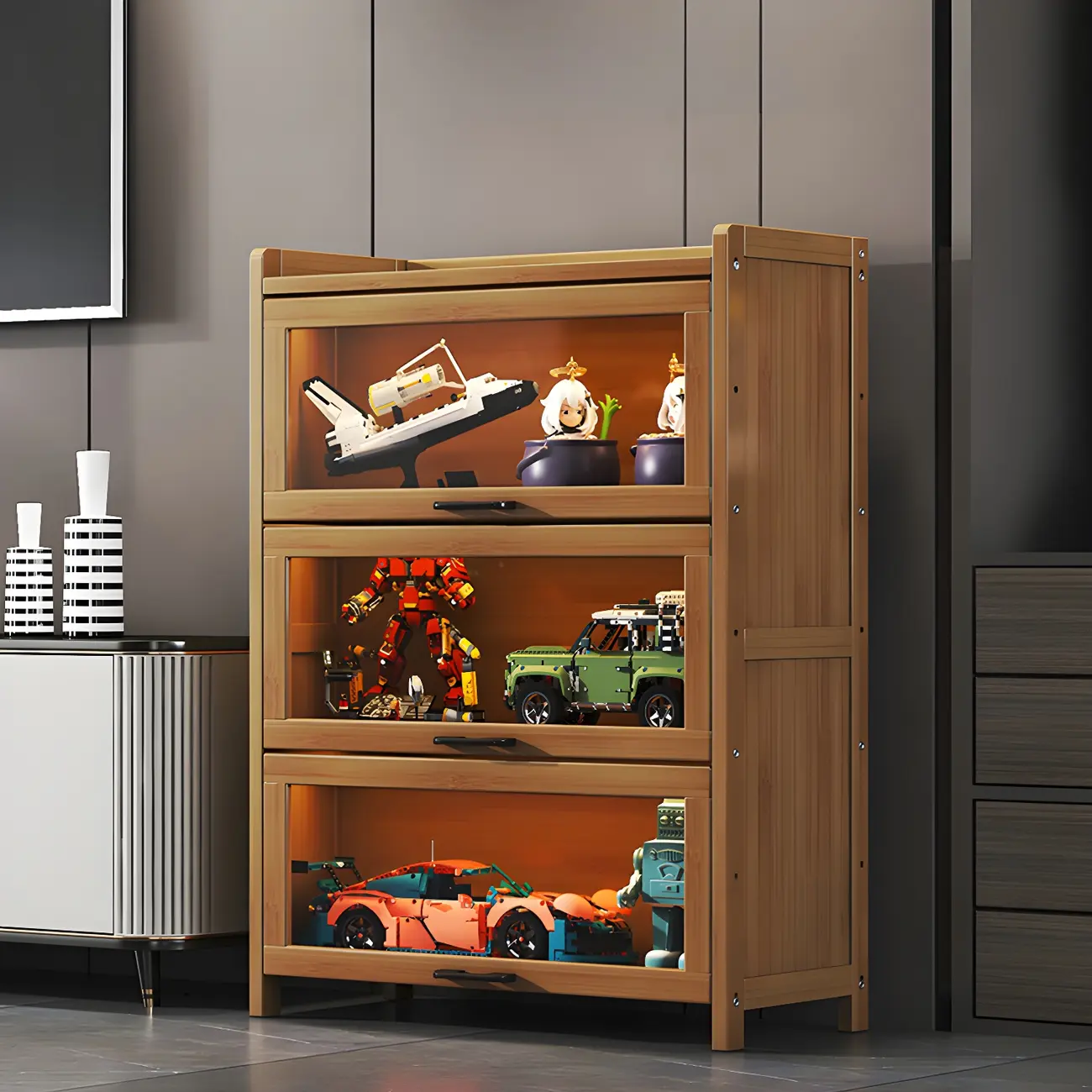 Living Room Modern Gray Bamboo Display Cabinet