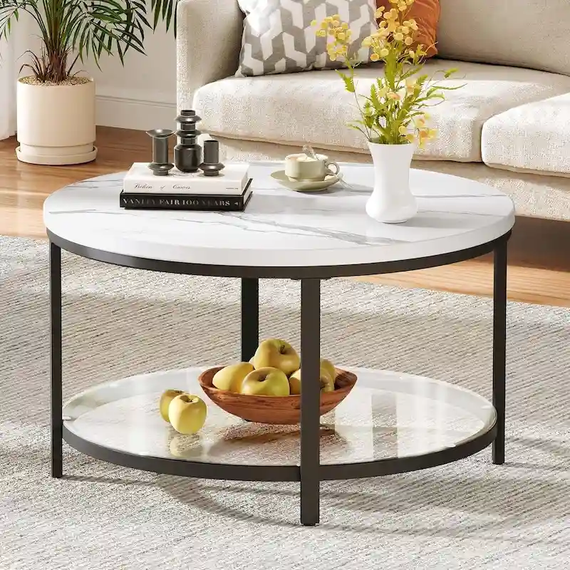 Moasis Industrial 2-Tier Round Coffee Table with Shelf
