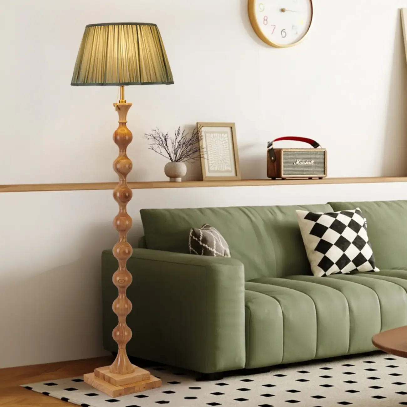 62 H Traditional Wooden Floor Lamp with Fabric Shade