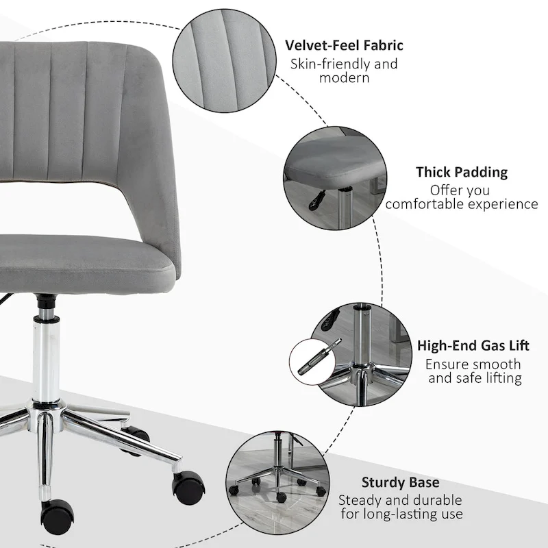Vinsetto Modern Mid Back Office Chair with Velvet Fabric, Swivel Computer Armless Desk Chair