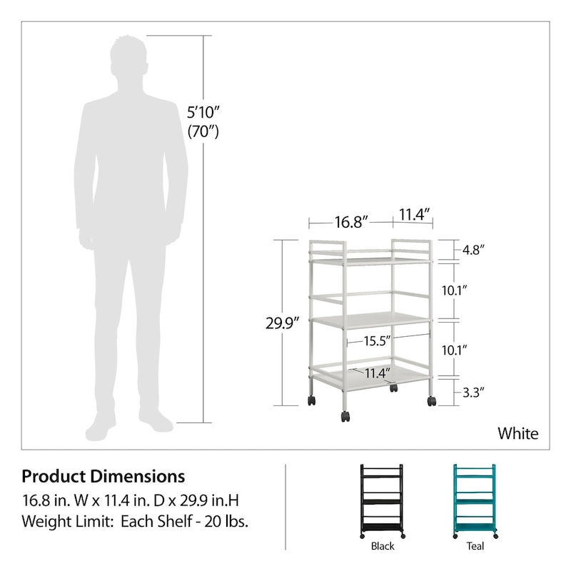 Emerald 3 Shelf Metal Rolling Utility Cart