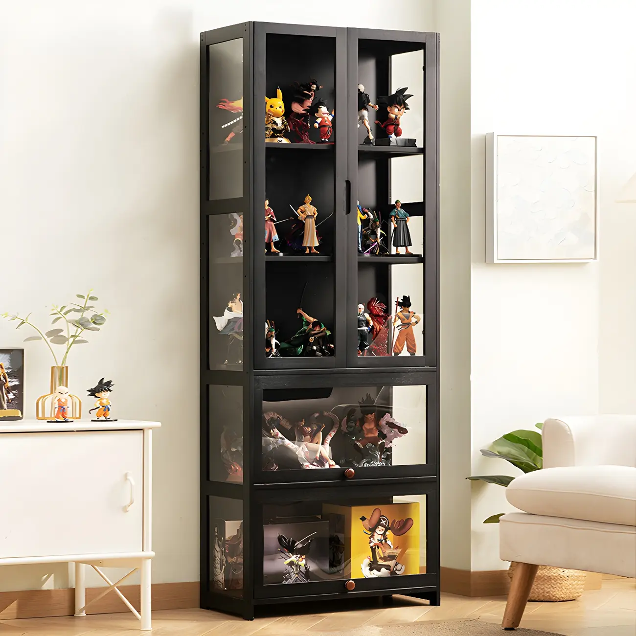 Modern Black Bamboo Adjustable Shelves Glass Display Cabinet