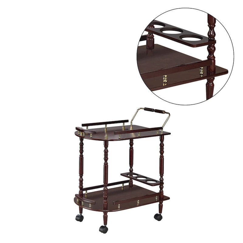 2-Tier Serving Cart with Casters in Merlot and Brass