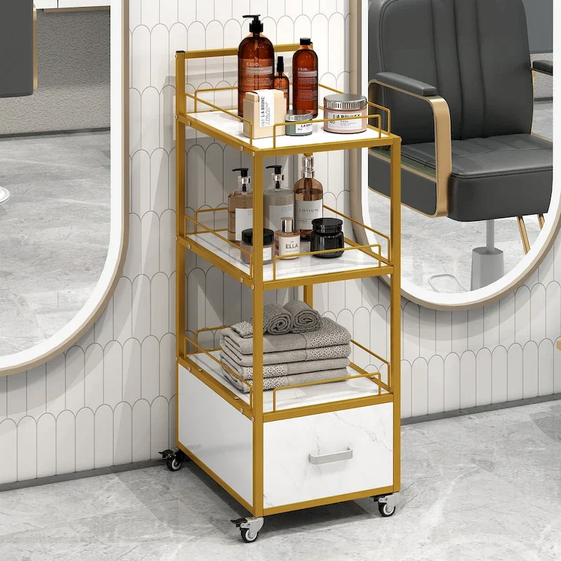 Gold Metal Frame 3-Tier Rolling Salon Cart with Drawer, Lockable Wheels – Black / White