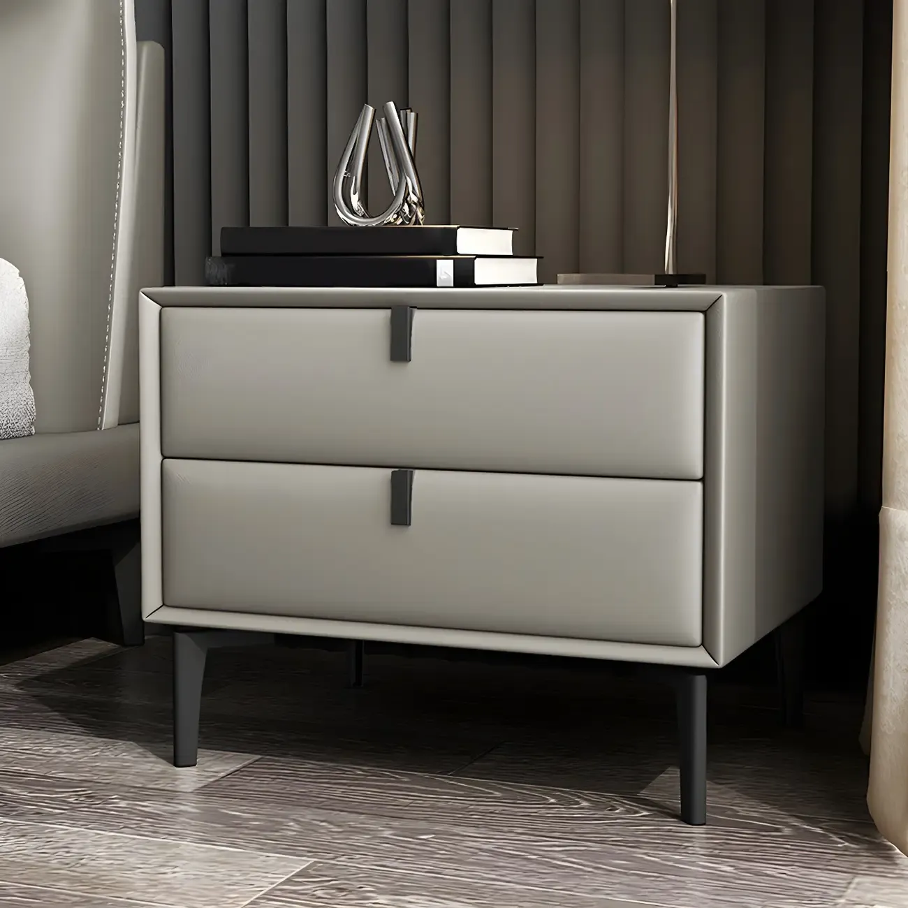 Modern Black Leather Bedside Table with Drawers