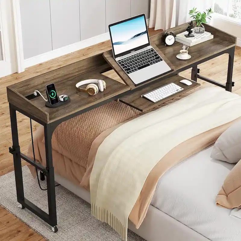 Height Adjustable Overbed Table with Wheels, Mobile Laptop Cart with Outlets & USB Ports